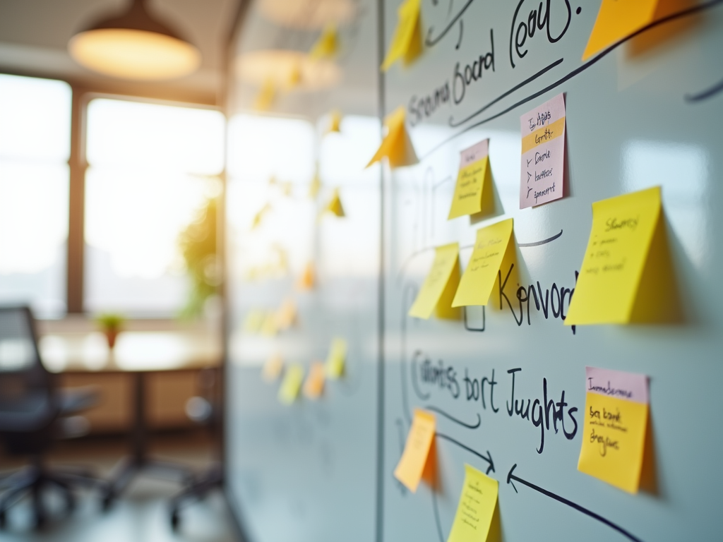 Post-it notes on a whiteboard in a sunlit office, showing a strategic workflow.