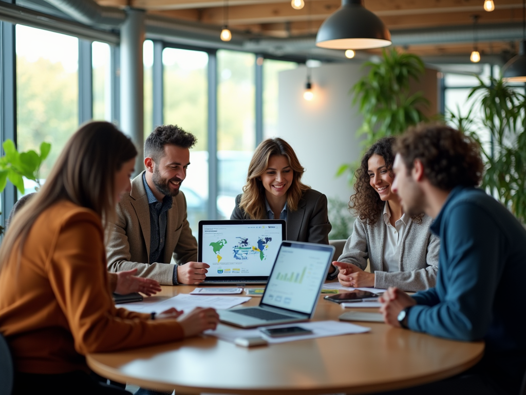 Five professionals smiling and discussing over laptops in a modern office setting.