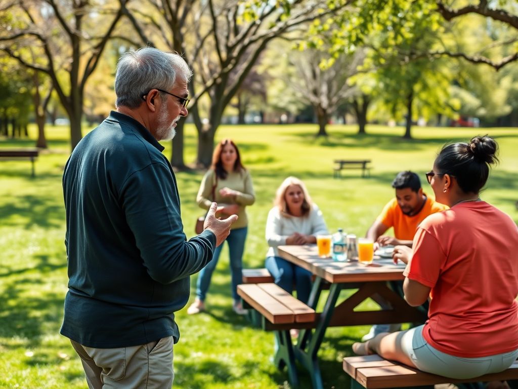 A group of people at a picnic table in a park, engaging in conversation while enjoying drinks and food.