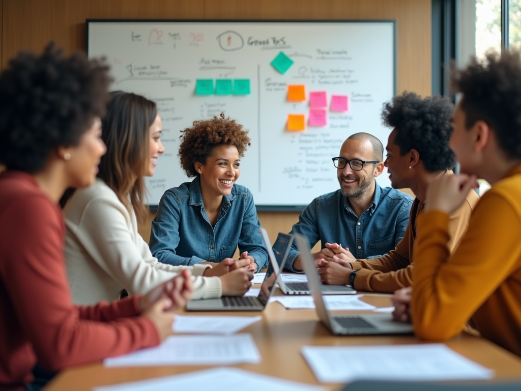 Diverse group collaborating happily at a meeting with a whiteboard in the background.