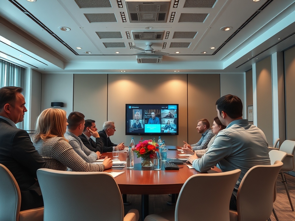 A group of people attending a video conference in a modern meeting room with a large display screen.