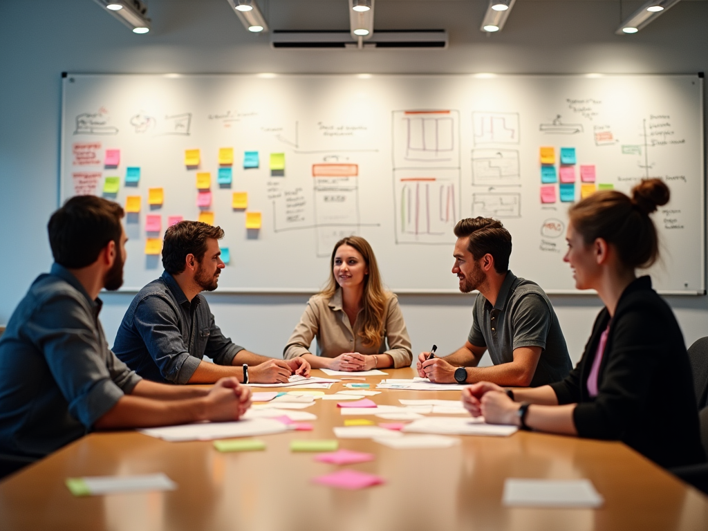 Team meeting in progress with members discussing ideas around a table covered with papers and sticky notes.