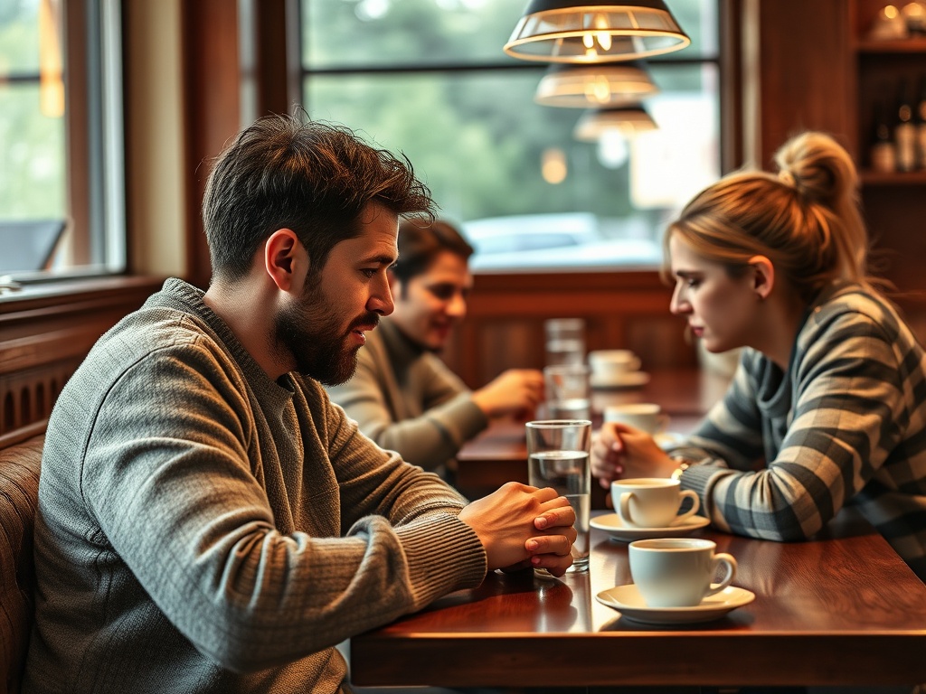 A man and a woman sit at a cafe table, looking serious, with drinks in front of them and a third person nearby.