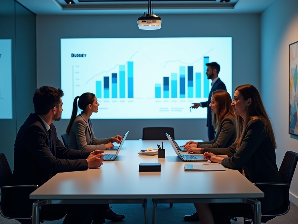 A business meeting with five professionals discussing budget graphs on a screen in a modern conference room.