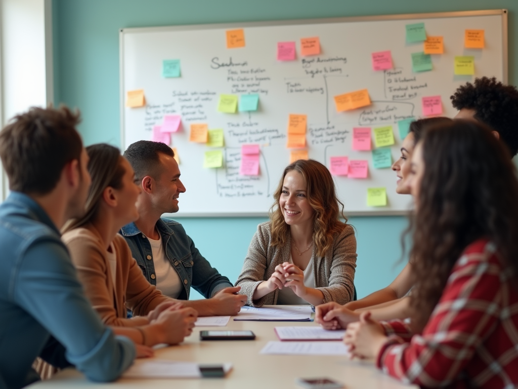 Diverse group of people smiling and discussing around a table with a whiteboard full of colorful sticky notes.