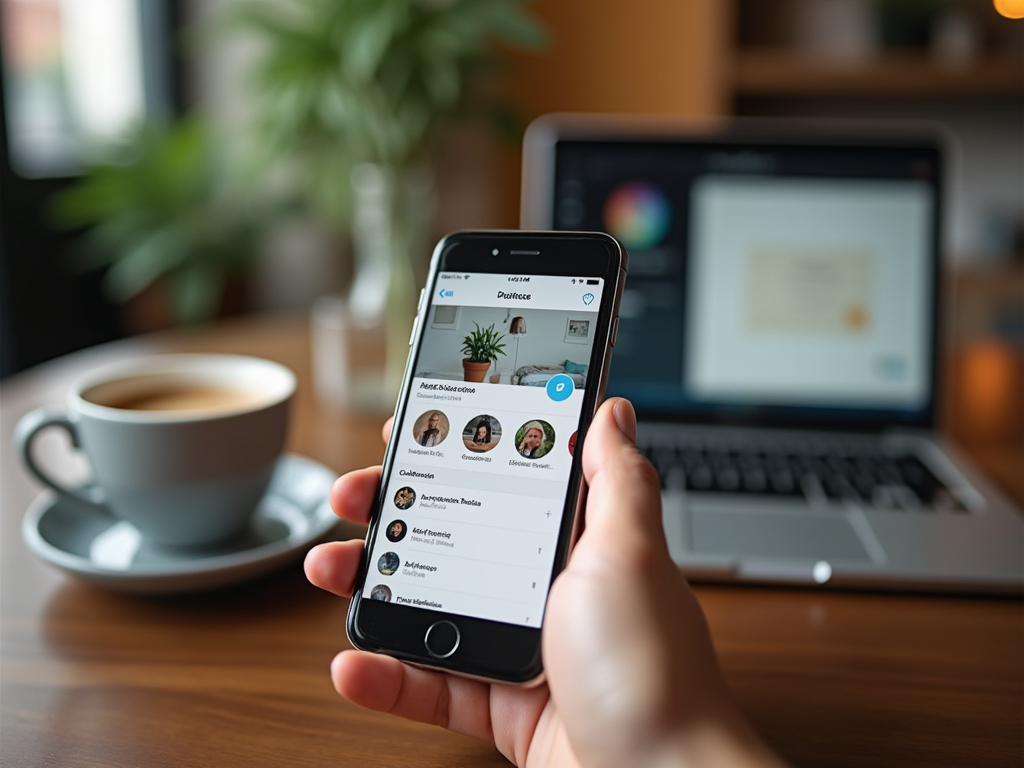 Person using phone with social media app visible, coffee cup, and laptop in background.