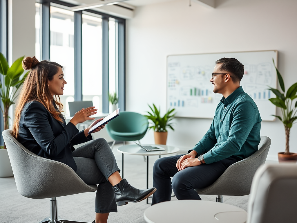 A woman in a suit engages in conversation with a man in a teal shirt in a modern office space.