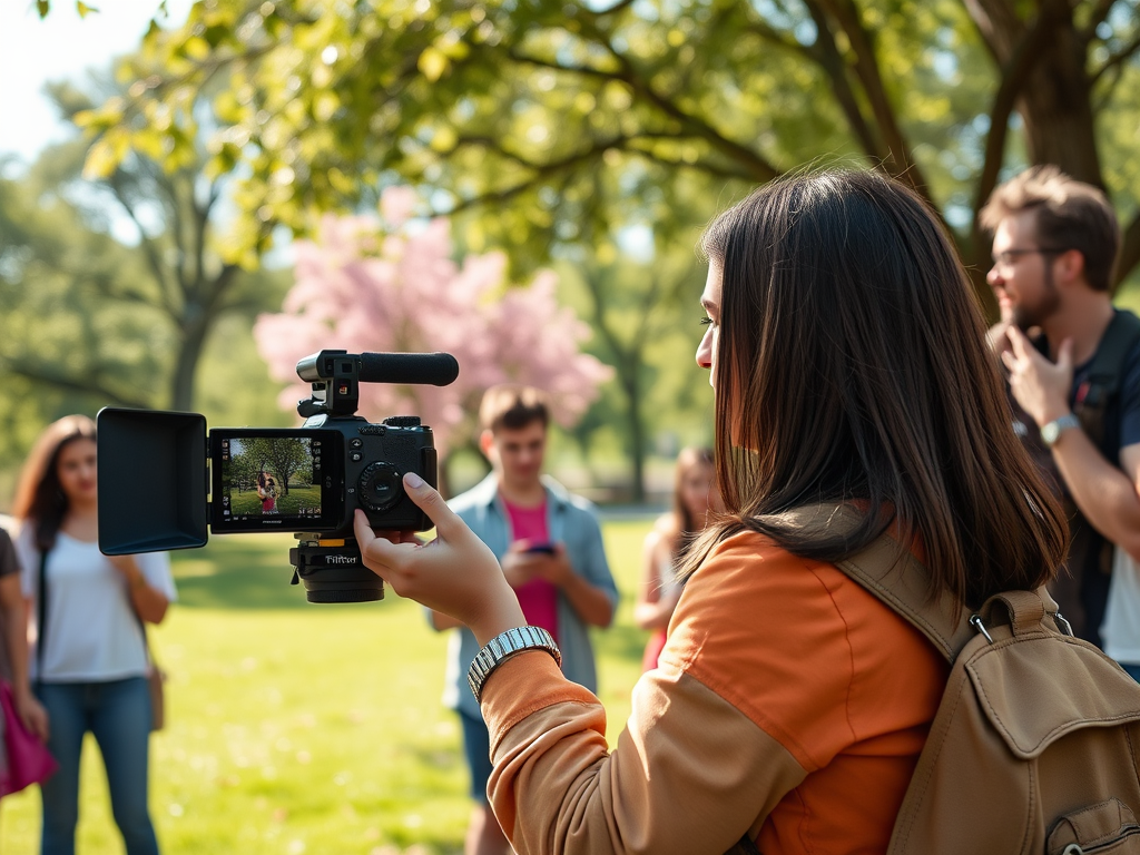 A woman holds a camera in a park while friends gather and enjoy the outdoors, surrounded by green trees and blossoms.