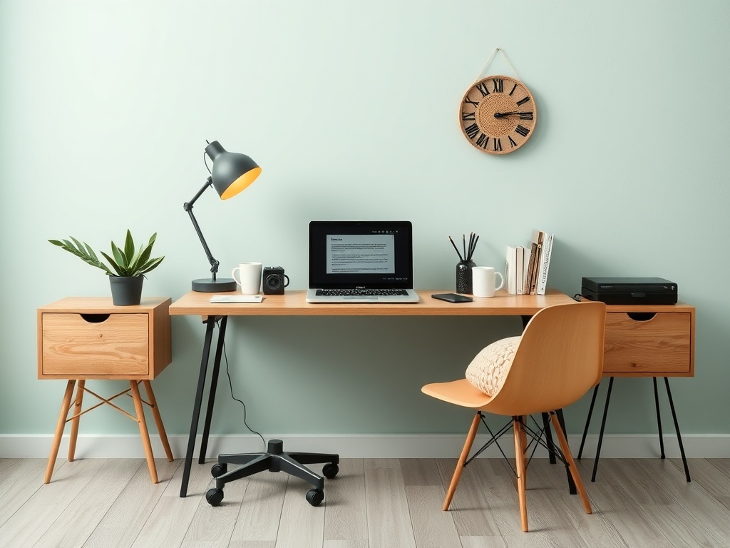 A modern home office with a wooden desk, laptop, desk lamp, plant, and decorative clock on a light green wall.
