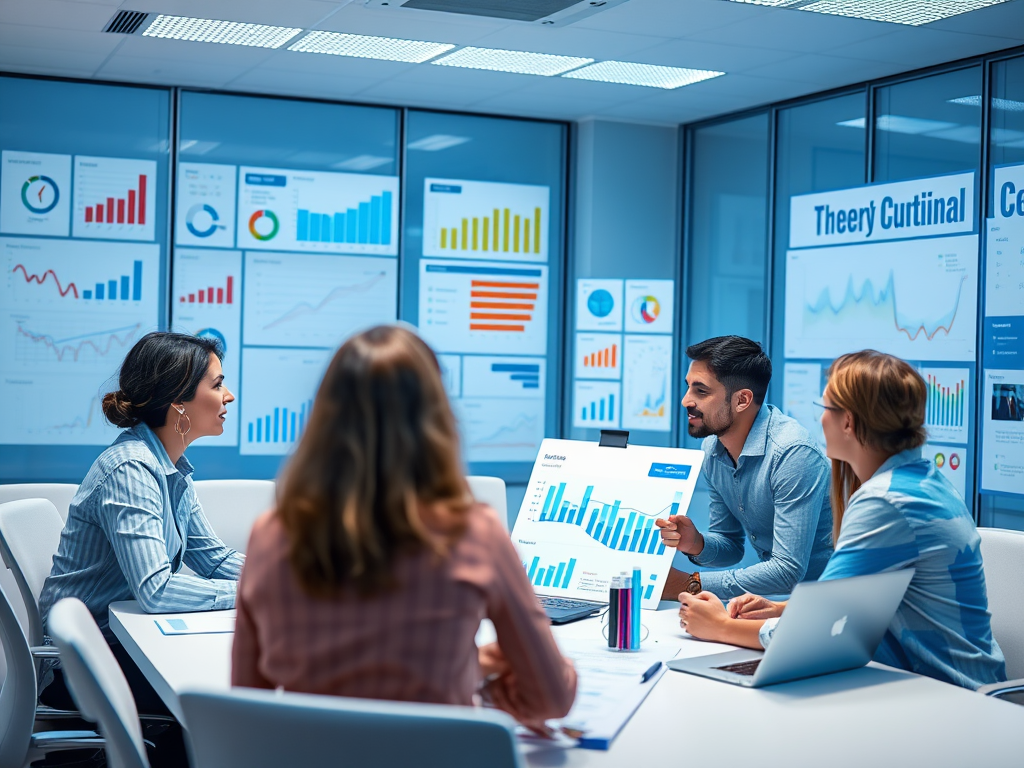 A diverse group of professionals engage in a discussion, analyzing charts and data displayed on screens.