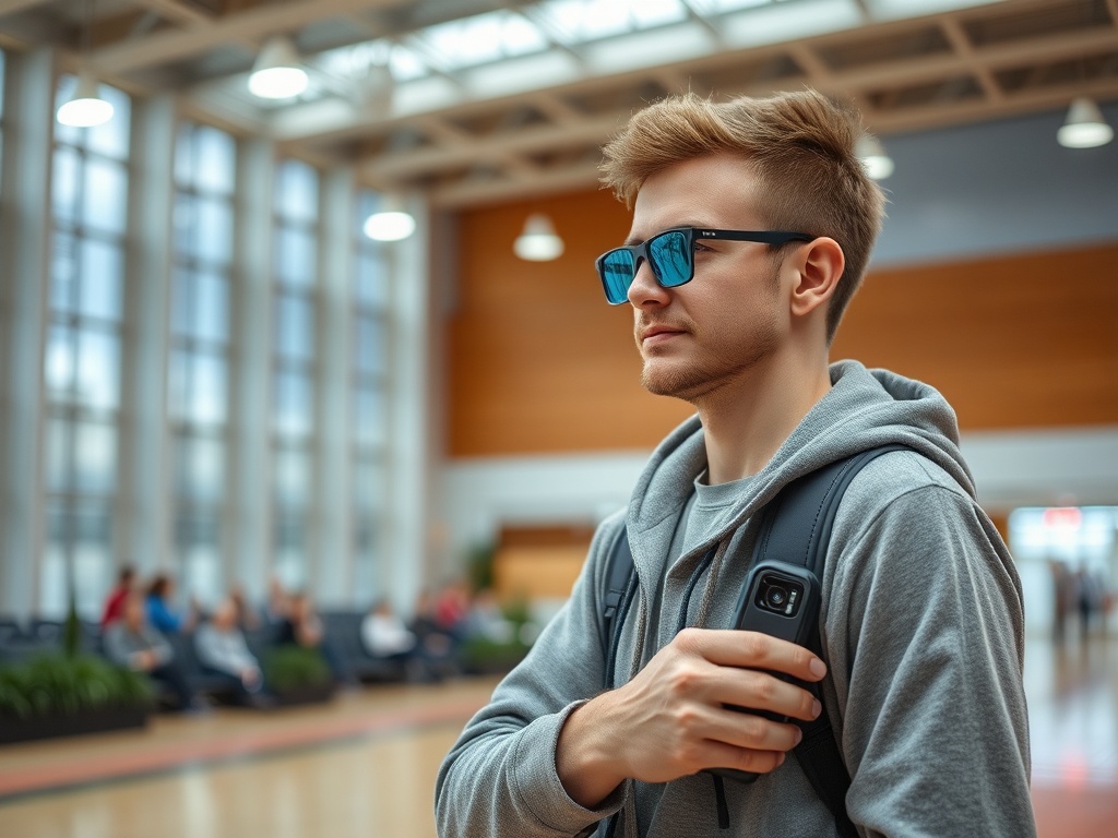 A young man in sunglasses and a hoodie stands in an airport, holding a phone, with waiting passengers in the background.