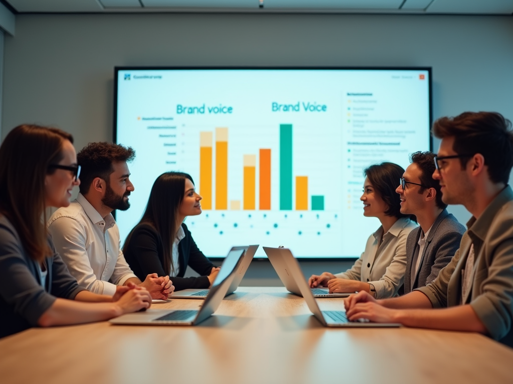 Team discussing brand strategy with a bar chart presentation in a meeting room.