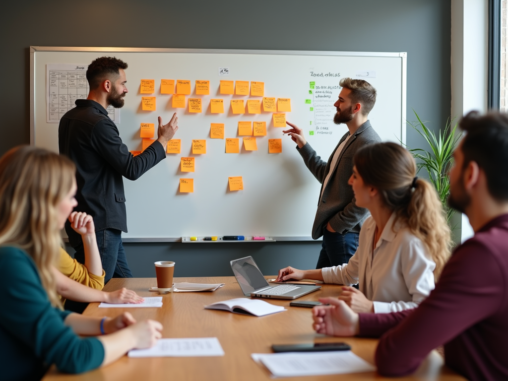 Two men present ideas on a whiteboard covered with sticky notes to a group seated at a table with drinks and laptops.