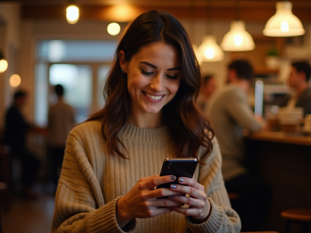 Smiling woman using smartphone in a busy cafe.