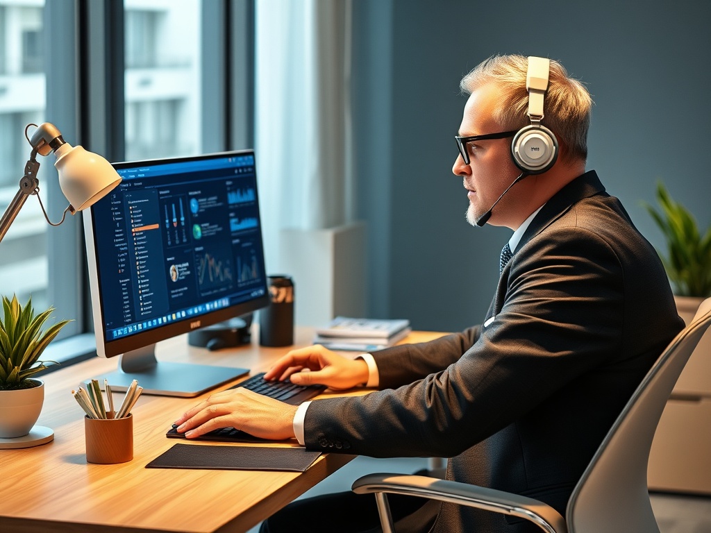 A man in a suit with headphones works at a desk with a computer, lamp, and plants, focused on data analysis.