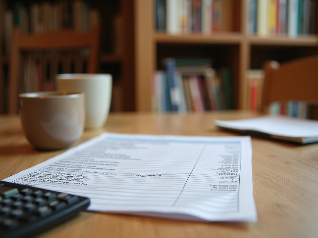 A wooden table with a document, calculator, and two cups against a blurred bookshelf background.