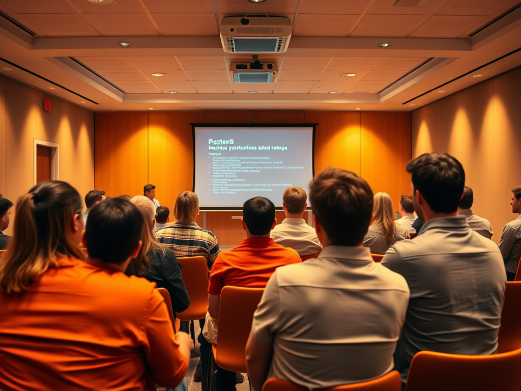 A group of people attentively watching a presentation in a conference room with a projector screen.