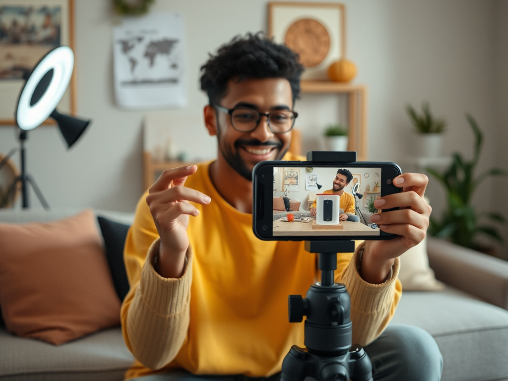 A man in a yellow sweater smiles while filming himself with a smartphone on a tripod, showcasing a product.