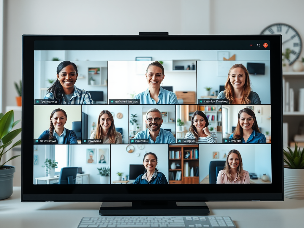 A video call on a computer screen shows a grid of smiling people engaged in a virtual meeting. Plants are in the foreground.
