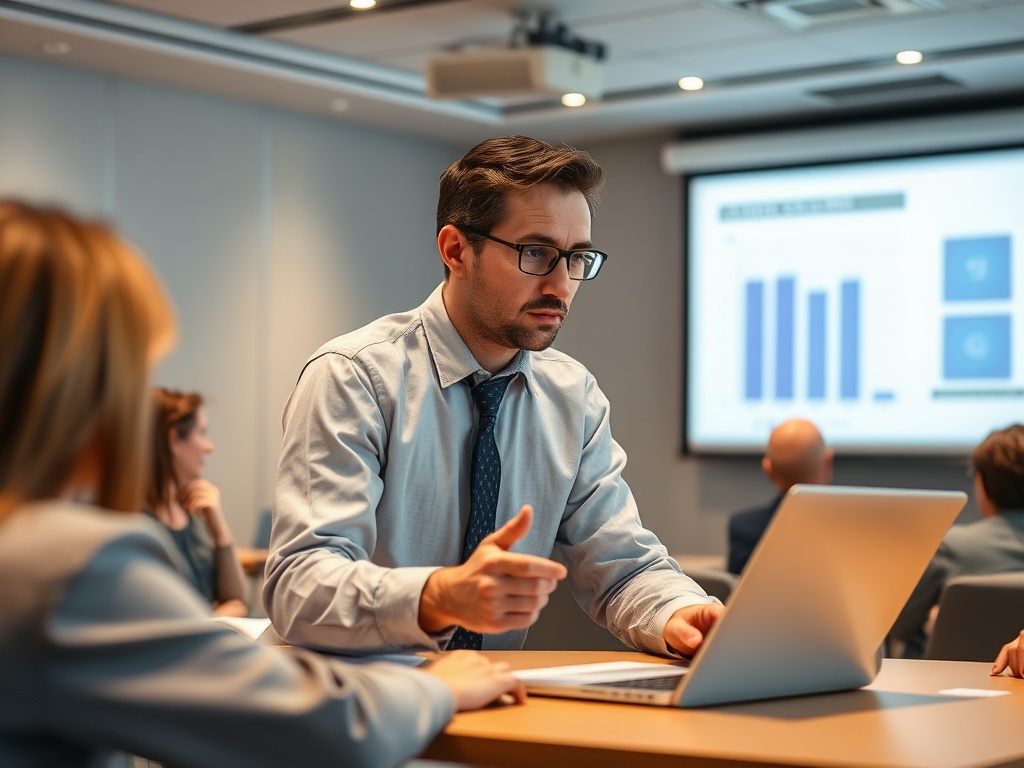 A focused man in a suit discusses data during a business meeting, with a laptop and presentation in the background.