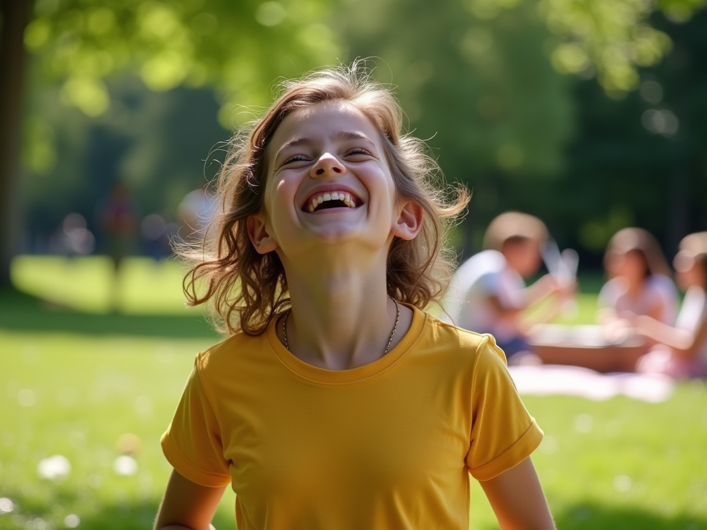 A joyful child in a yellow shirt smiles broadly, enjoying a sunny day in a park with friends in the background.