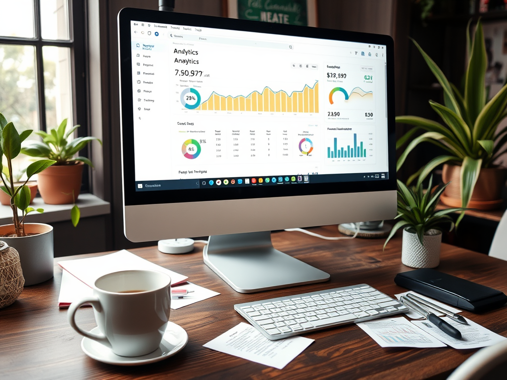 A desk with a computer displaying analytics, a cup of coffee, plants, and various papers and pens.