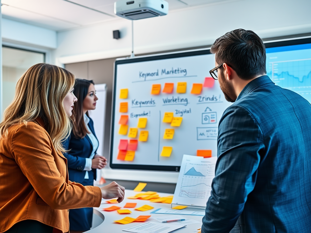 A group of three professionals discussing ideas with sticky notes and charts in a modern meeting room.