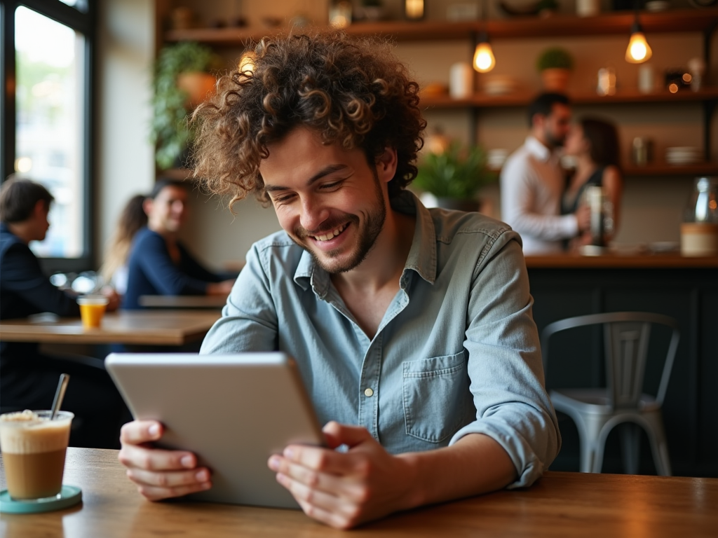 Smiling man with curly hair enjoying a tablet at a crowded café, iced coffee beside him.