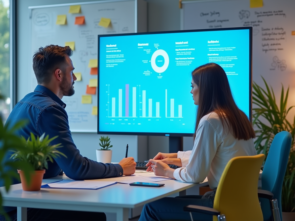 Two professionals sit at a table, reviewing graphs displayed on a monitor in a modern office environment.