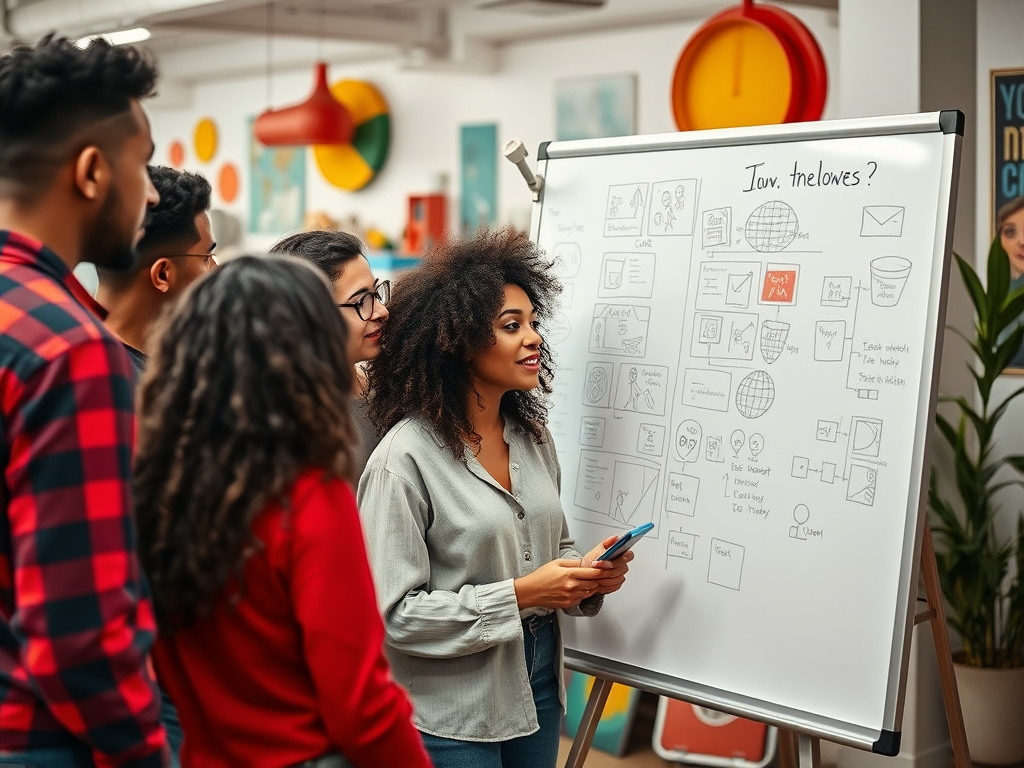 A diverse group of people engage in discussion around a whiteboard filled with sketches and notes.