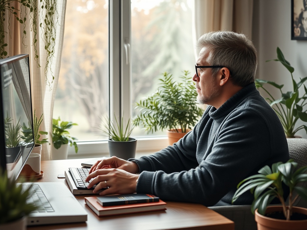 A man types on a laptop at a desk, surrounded by plants and natural light from the window.