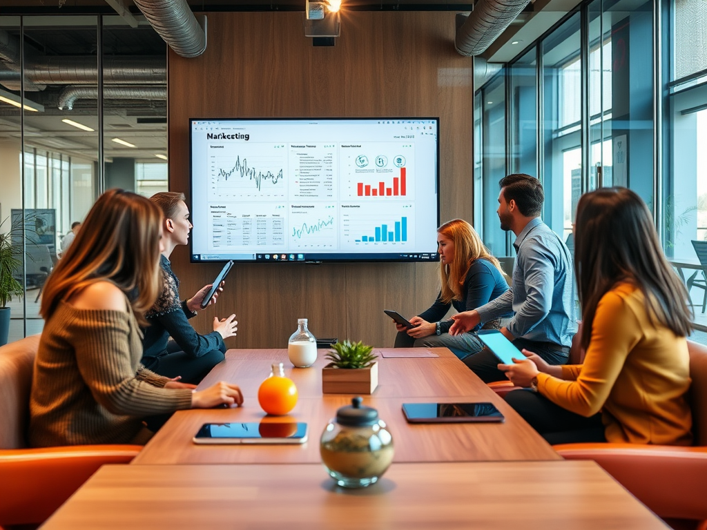 A team of six people discuss marketing data displayed on a screen in a modern office meeting room.