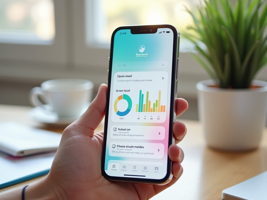 A person holds a smartphone displaying a colorful app with mood tracking and activity statistics. A mug is in the background.