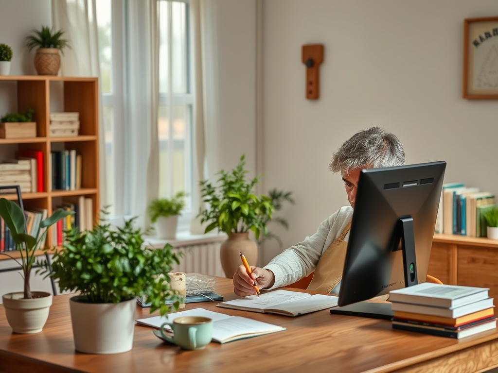 A person is writing in a notebook at a desk with a computer, surrounded by plants and books in a cozy office.