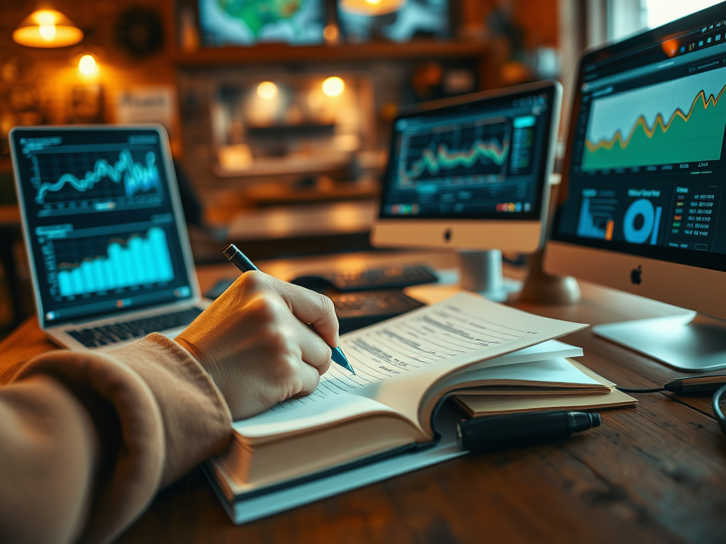 A person is writing in a notebook while surrounded by computers displaying data and graphs in a cozy setting.