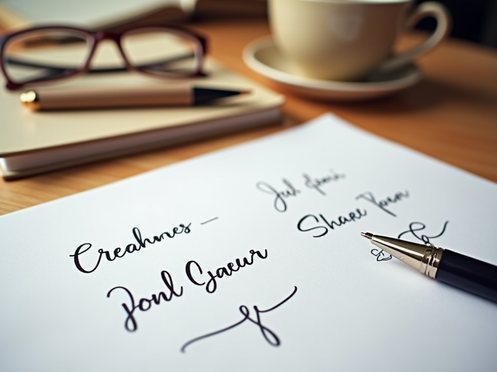 Close-up of a paper with elegant handwritten signatures, a pen, glasses, and a coffee cup on a desk.