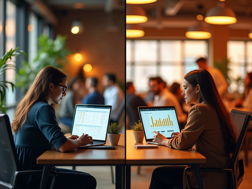 Two women working on laptops in a busy cafe, analyzing data charts, focused and professional.