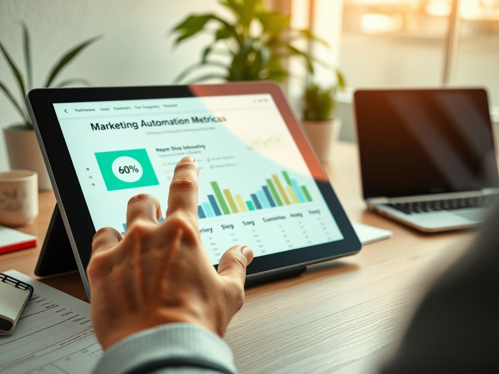 A person interacts with a tablet displaying marketing automation metrics and graphs, with plants and a laptop nearby.