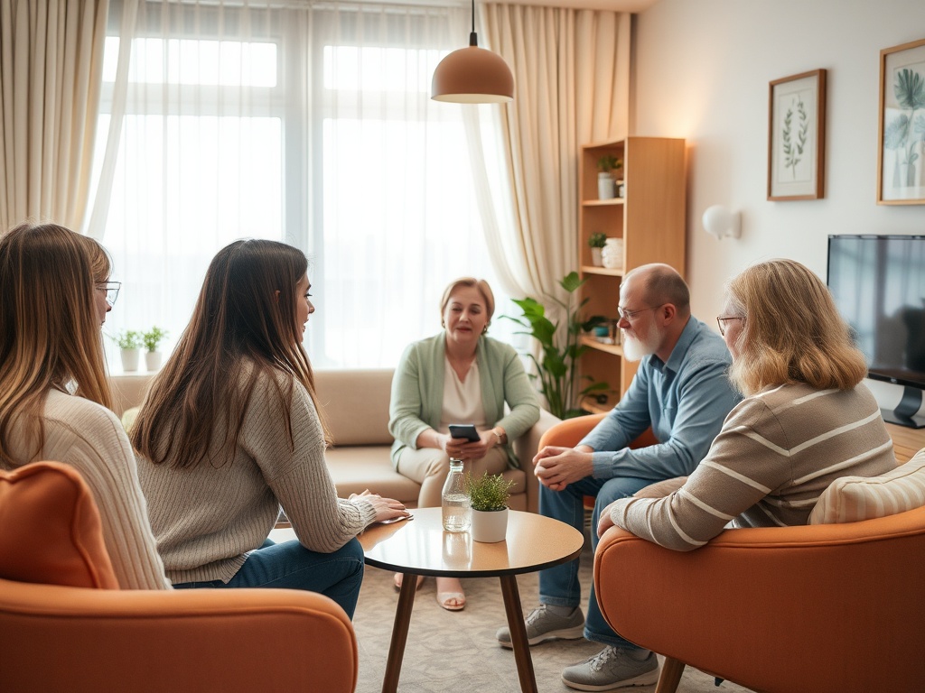 A group of five people sitting in a cozy living room, engaged in conversation around a small table.