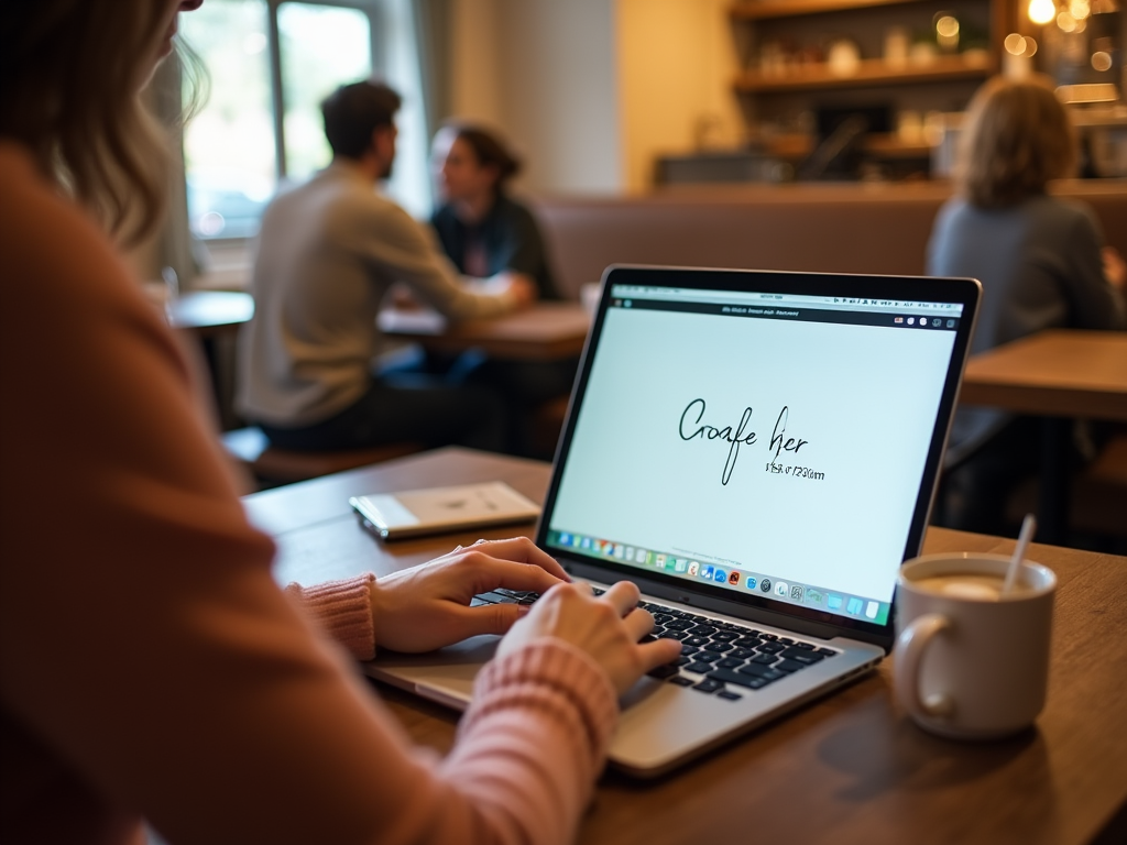 Woman in a cafe using laptop showing text "Create her" with a blurred background of people talking.