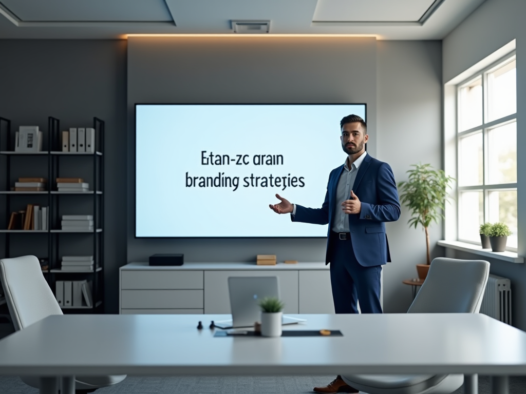 Man presenting on "Étan-zc arain branding strategies" in a modern conference room.