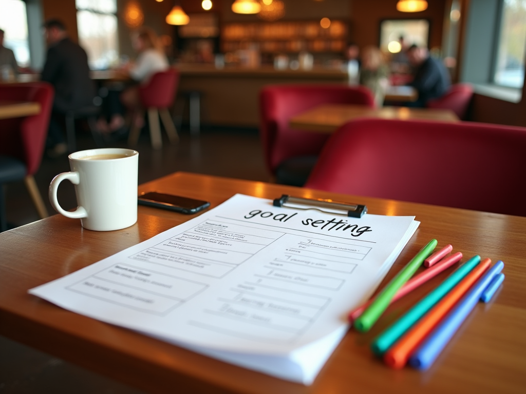 Goal-setting worksheet with colorful pens on a table in a busy cafe, beside a coffee cup and smartphone.