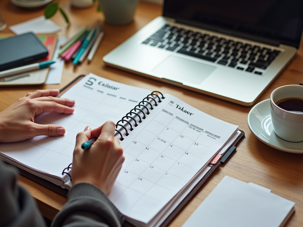 A person writing in a planner with a laptop, coffee, and stationery on a wooden table.