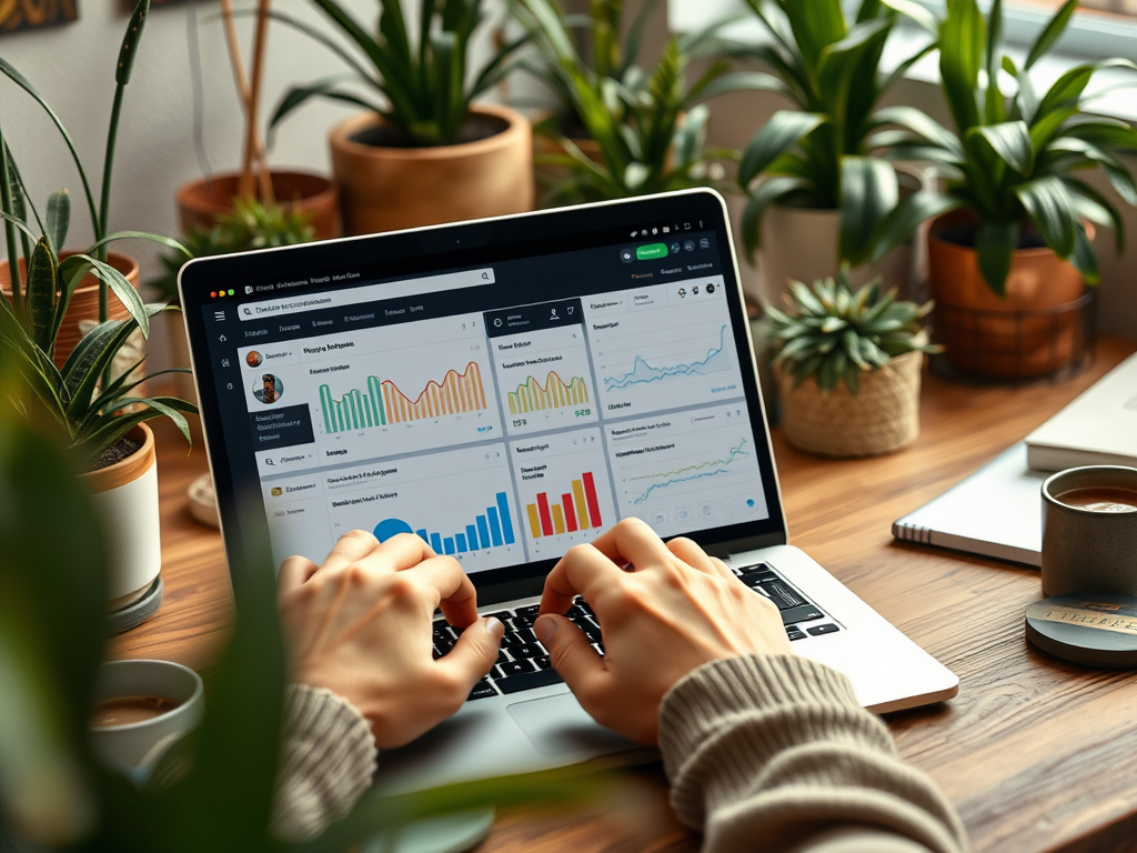 A person types on a laptop displaying colorful data charts, surrounded by plants and a coffee cup on a wooden desk.