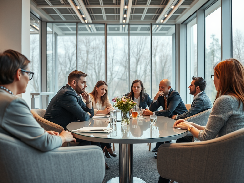 A group of professionals engaged in a serious discussion around a round table with a floral centerpiece.