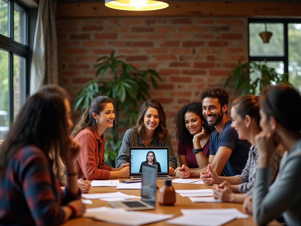 A group of eight people in a meeting, smiling and engaged, with a laptop displaying a video call in the center.