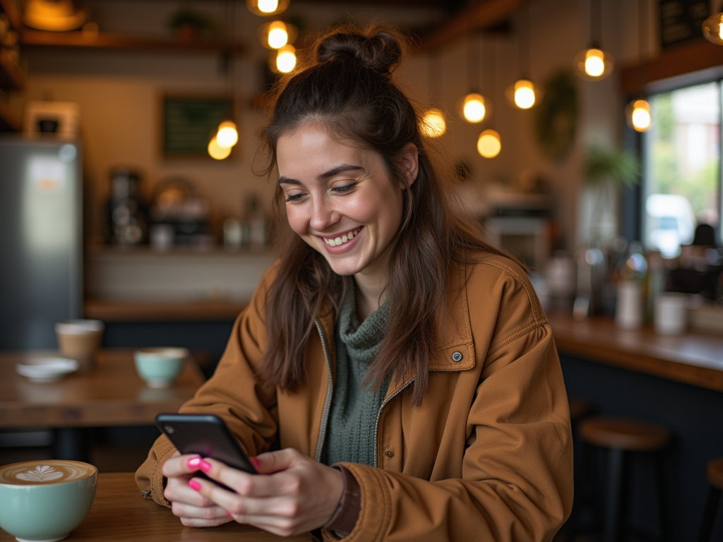 Woman smiling at phone in coffee shop with cozy lighting and latte on table.