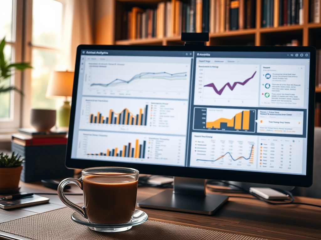 A computer screen displays various analytics graphs, with a cup of coffee in the foreground on a wooden desk.