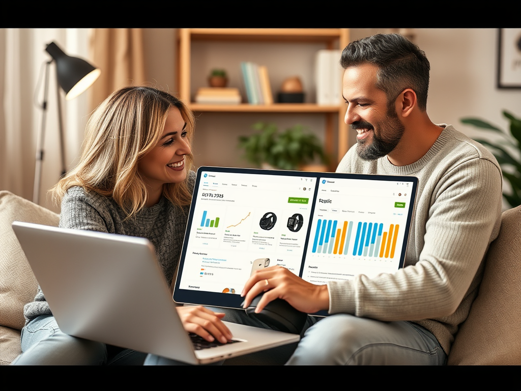 A man and woman smile while discussing data on laptops at home, showcasing graphs and charts on their screens.