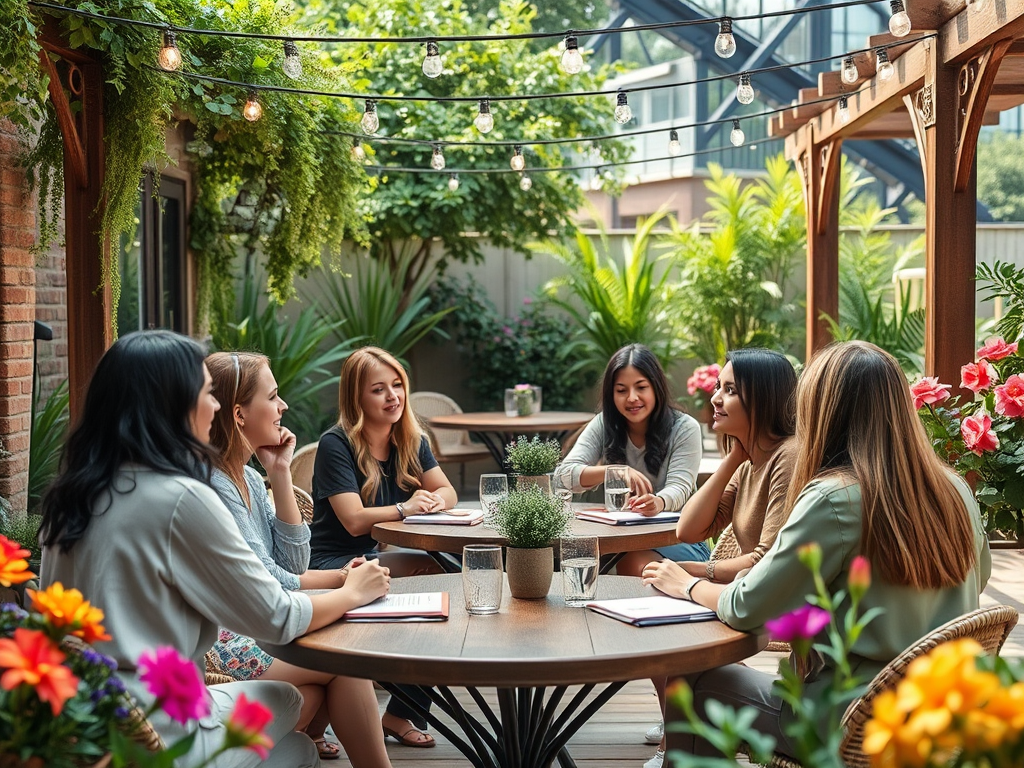 A group of six women engages in conversation at a cozy outdoor café surrounded by greenery and flowers.